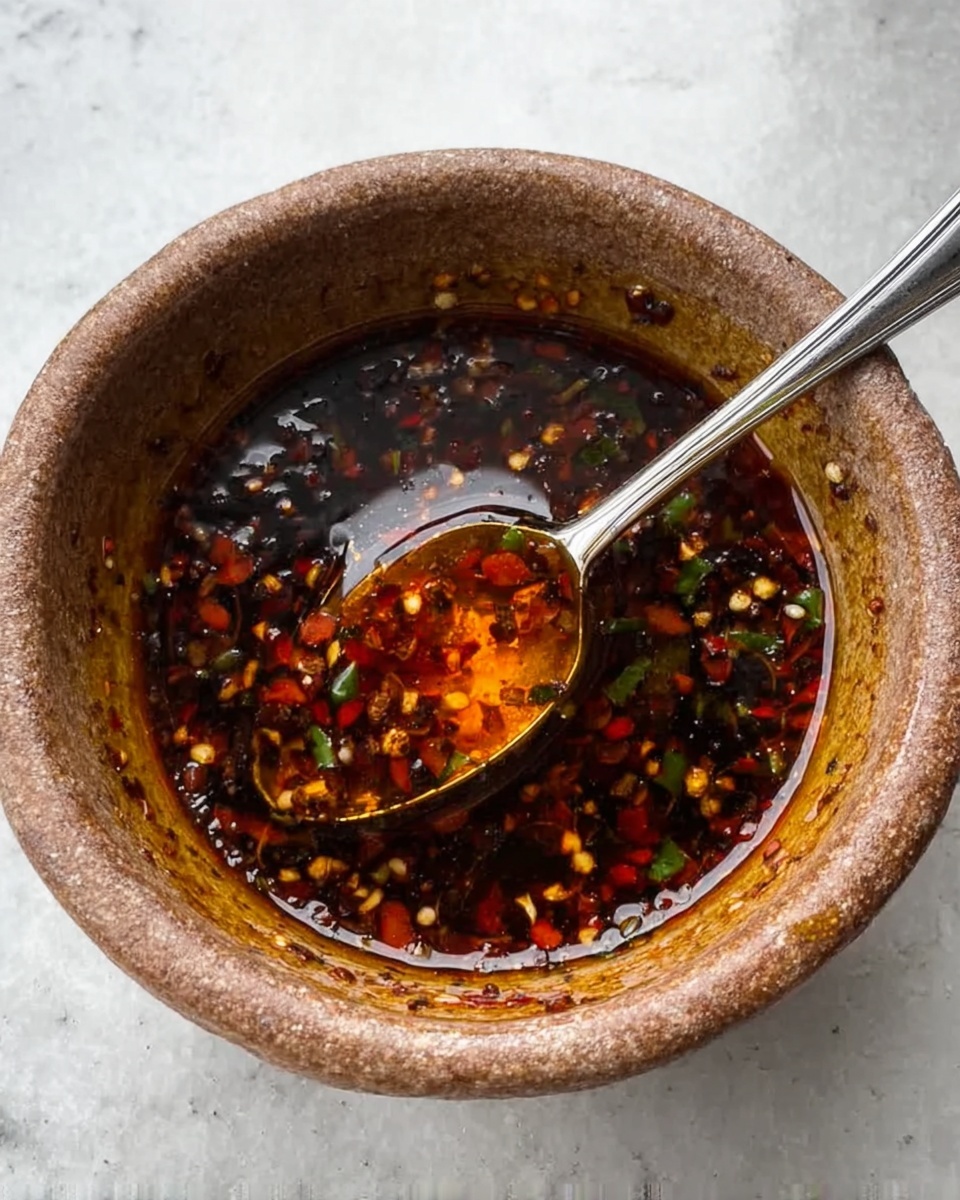 The image shows a round stone bowl filled with dark brown chili oil mixed with red chili flakes and small pieces of green herbs. A silver spoon is dipped into the oily mixture, held above the bowl, catching the light to show the shiny texture and the suspended chili flakes and herbs. The bowl sits on a white marbled surface that looks clean and smooth. The bowl itself has an earthy, rough texture with a natural stone color. photo taken with an iphone --ar 4:5 --v 7