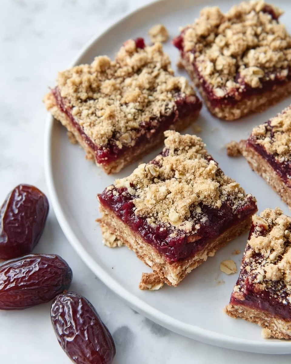 Chewy Date Bars with Cinnamon Oat Crust Recipe 5 The image shows several square oat and fruit bars with a crumbly golden oat topping layered over a dark red fruit filling on a light brown base. The bars are arranged on a white plate that sits on a white marbled surface. Near the bars, there are a few glossy, dark brown dates scattered around the plate and close by. The oat topping looks rough and textured with pieces of oats visible, while the fruit filling underneath has a smooth, thick appearance. One bar is being held by a woman's hand at the top left of the image. Photo taken with an iphone --ar 4:5 --v 7