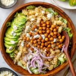 Cajun Caesar Pasta Salad with Crispy Chickpeas, Avocado, and Vegan Parmesan Recipe