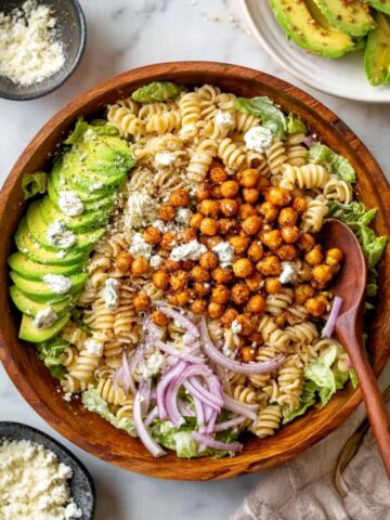Cajun Caesar Pasta Salad with Crispy Chickpeas, Avocado, and Vegan Parmesan Recipe