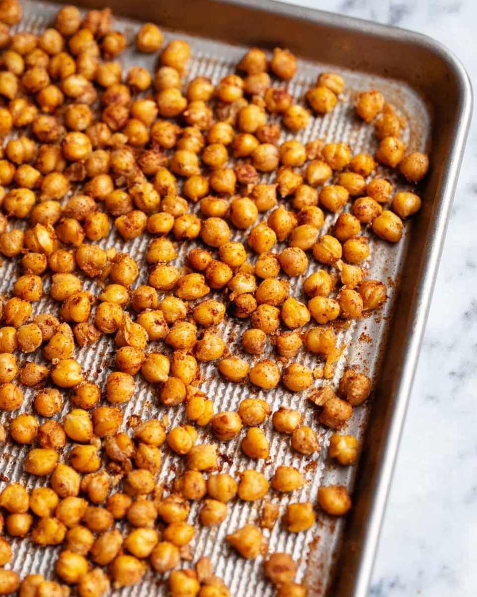 The image shows many small golden-brown chickpeas spread out evenly on a silver baking tray with a raised dotted texture, some chickpeas have darker toasted spots giving a crunchy look. The tray rests on a white marbled surface, and the chickpeas look crispy and seasoned with a slightly rough texture. The lighting highlights the warm color and texture of the chickpeas, with no other items or decorations in the frame. Photo taken with an iphone --ar 4:5 --v 7