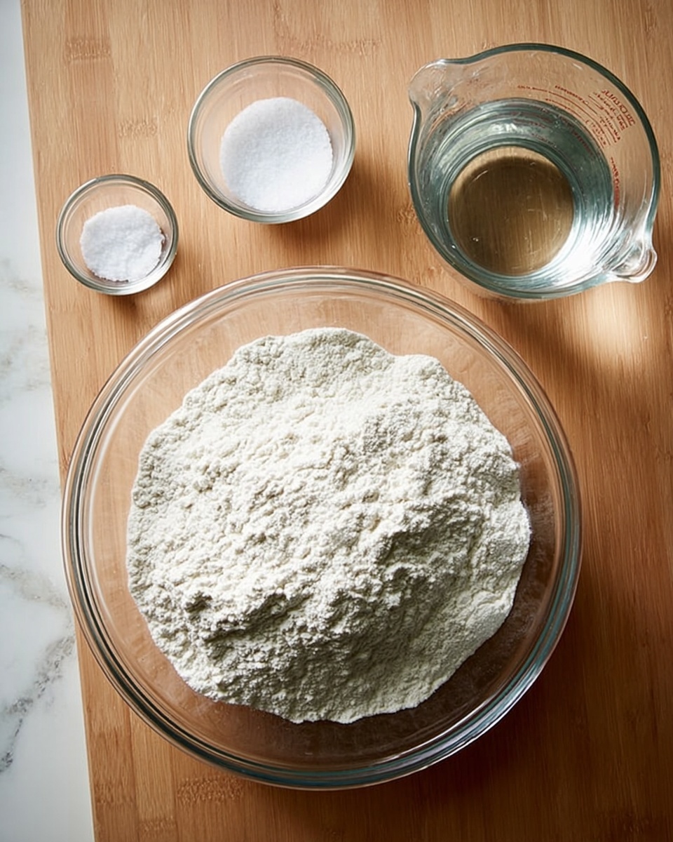 A clear glass bowl filled with a heap of white flour sits in the center of a light wooden surface. To the top left of the bowl are two smaller clear glass bowls, one filled with salt and the other with sugar. To the right, there is a clear glass measuring cup with water in it. The background is a white marbled texture. photo taken with an iphone --ar 4:5 --v 7