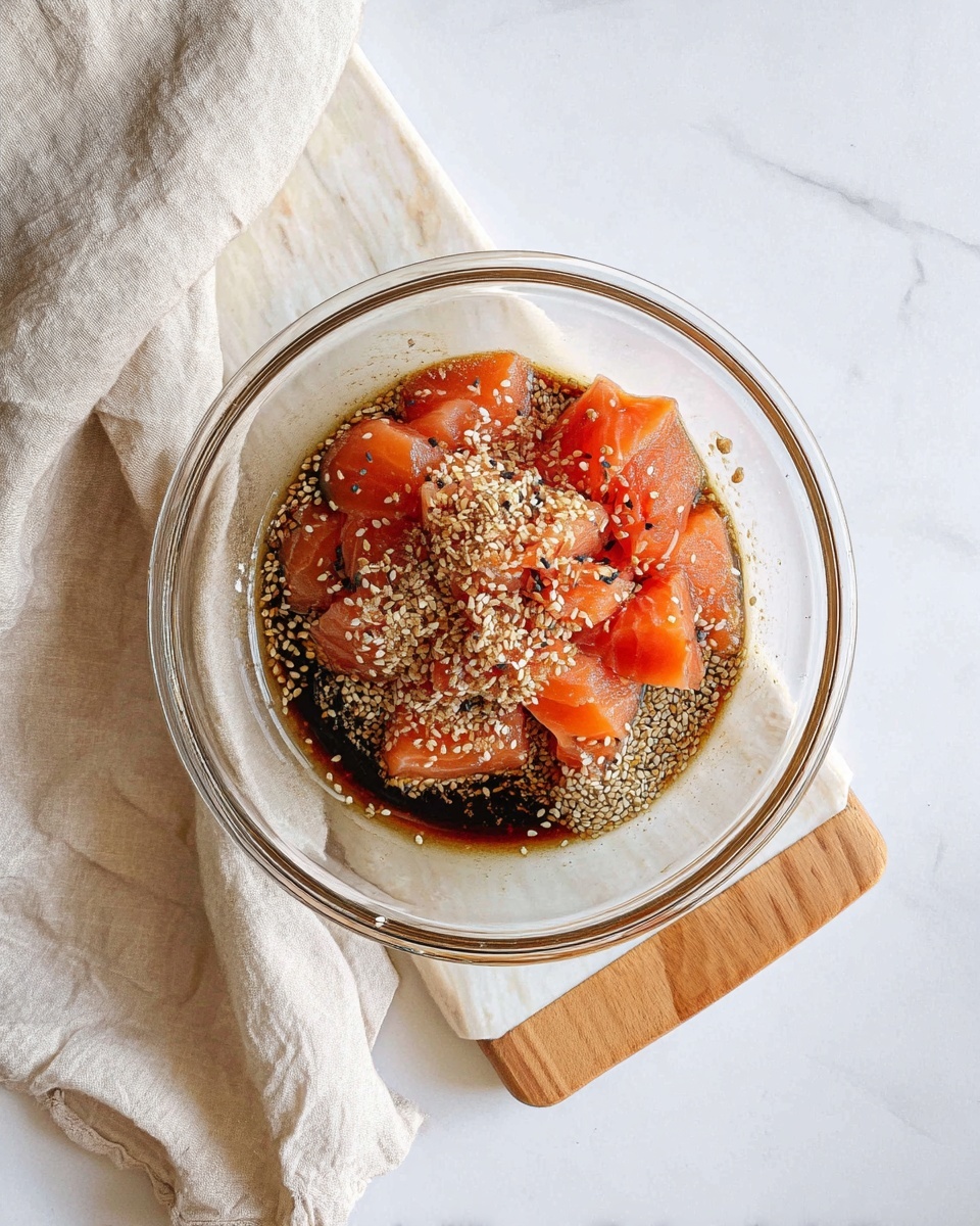 Spicy Salmon Bowls with Coconut Rice Recipe 4 A clear glass bowl sits on a white marbled surface with a light beige cloth beside it and a white wooden board underneath. Inside the bowl, there are bright orange raw salmon pieces arranged in a layer, topped with light brown powder seasoning, white sesame seeds scattered over, and a dark brown liquid sauce pooling at the bottom around the salmon chunks. The bowl shows the mix of textures from smooth salmon to the grainy sesame seeds and powder. photo taken with an iphone --ar 4:5 --v 7