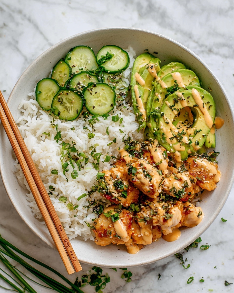 Spicy Salmon Bowls with Coconut Rice Recipe 5 A white bowl filled with four main parts: at the bottom left, a layer of fluffy white rice sprinkled lightly with green chopped herbs; at the top left, thin round slices of green cucumber sprinkled with green herbs and seeds; at the top right, several thick slices of light green avocado with seasoning and small herb pieces on top; at the bottom right, golden-brown cooked chicken pieces with a creamy light orange sauce drizzled over them, garnished with chopped green herbs and sesame seeds. Two bamboo chopsticks rest on the rice on the left side. The bowl is placed on a white marbled surface with a few green herb stems nearby. Photo taken with an iphone --ar 4:5 --v 7