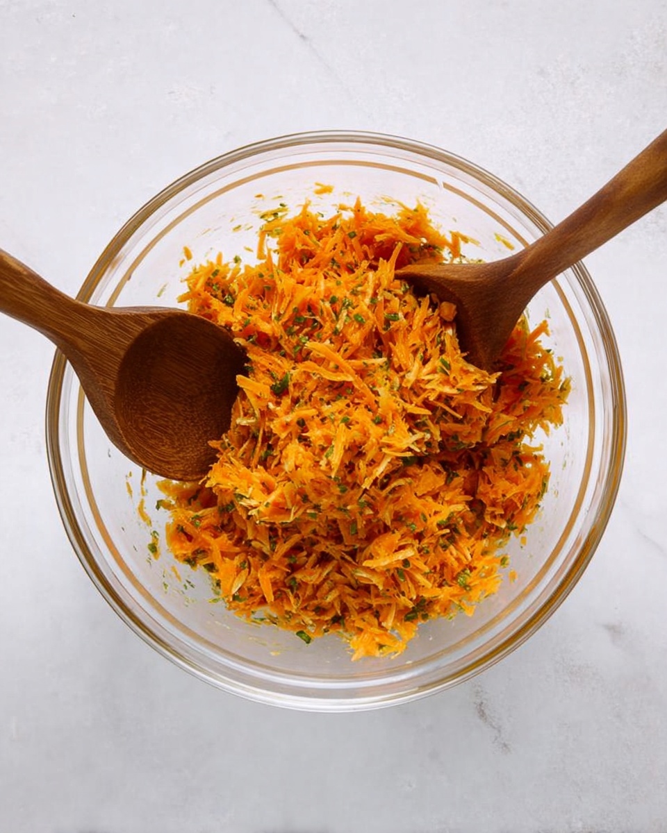 A clear glass bowl filled with a bright orange shredded mixture, speckled with small green bits, suggesting some herbs or vegetables mixed in. Two wooden spoons are placed inside the bowl, one resting near the top right side and the other near the bottom left side, partially submerged in the shredded mixture. The bowl sits on a white marbled surface, creating a clean and simple background. Photo taken with an iphone --ar 4:5 --v 7