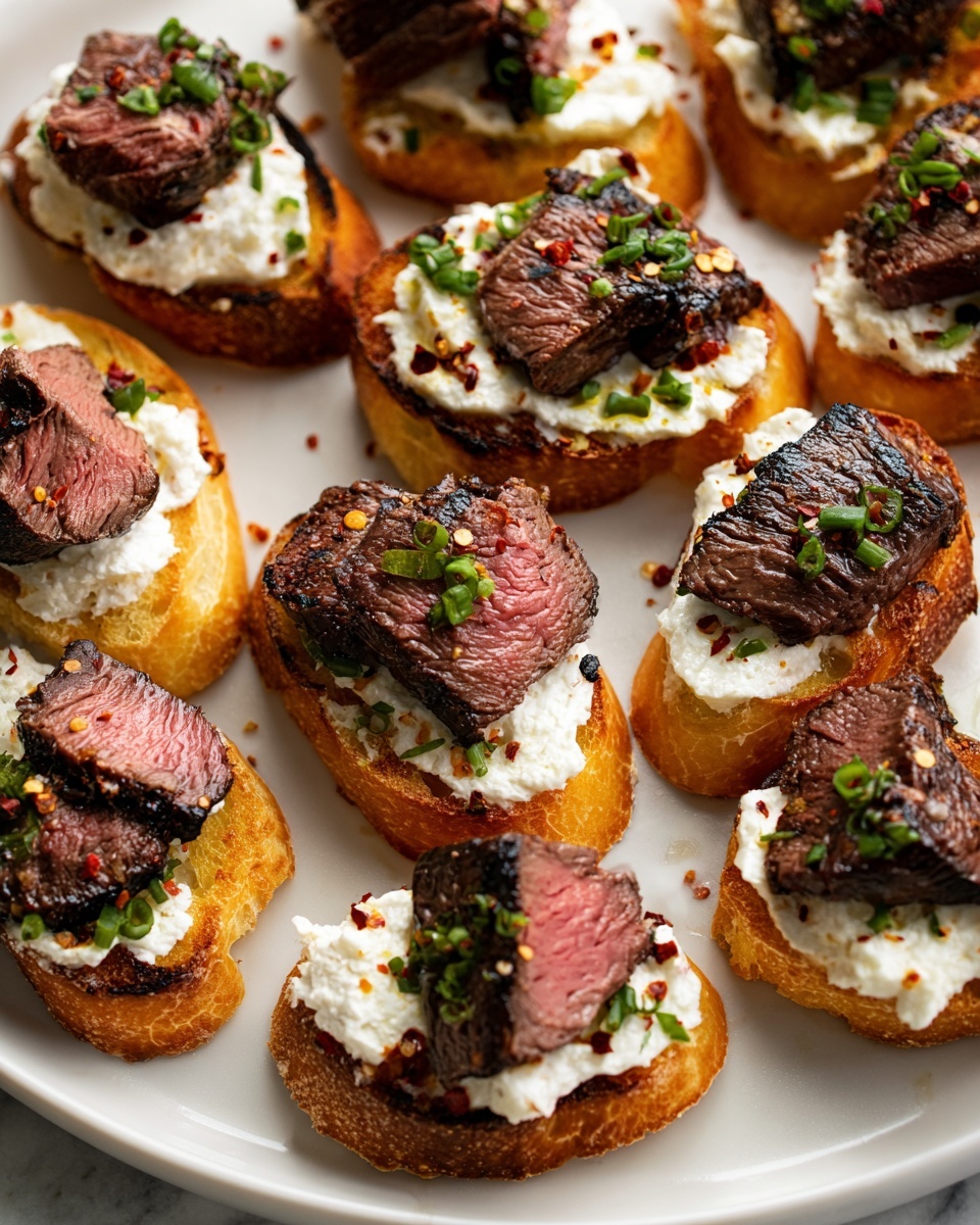 Burrata and Steak Crostini Recipe 5 The image shows many small toasted bread slices arranged closely on a white plate. Each slice has three layers: the bottom layer is golden and crispy toasted bread, the middle layer is a dollop of creamy white cheese spread unevenly, and the top layer is a piece of medium-rare cooked beef with a dark brown charred edge and a pink center. Small pieces of chopped green herbs are scattered on top of the beef and cheese, adding a fresh green touch. Some toasts have a light sprinkling of coarse black pepper and red chili flakes. The white plate rests on a white marbled surface. photo taken with an iphone --ar 4:5 --v 7