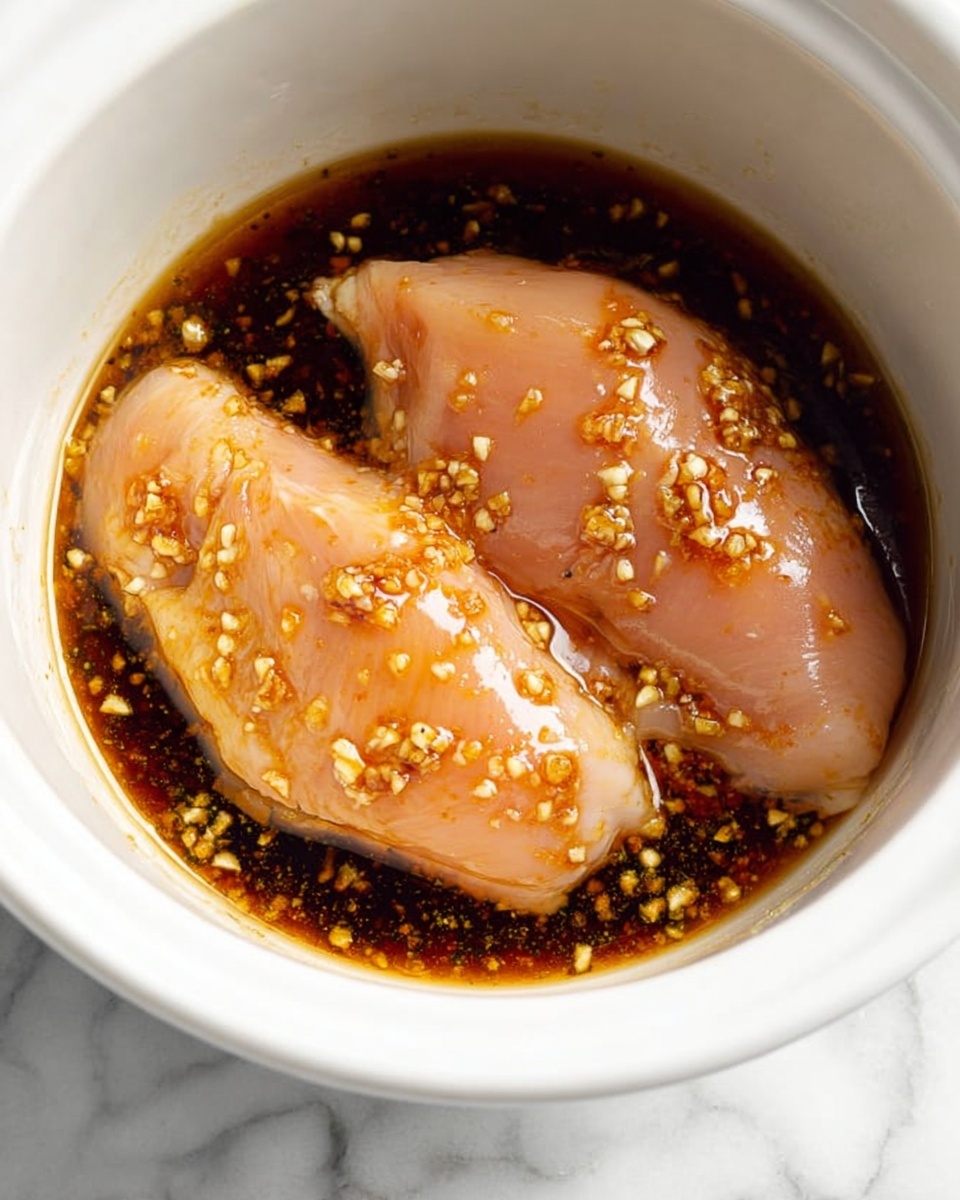 Slow Cooker Teriyaki Chicken Recipe 4 Two raw chicken pieces sit inside a white pot filled with a shiny, dark sauce that covers the bottom layer. The chicken is pale pink and smooth, while the sauce has small bits of chopped garlic sprinkled all over the chicken and floating in the liquid. The chicken pieces are side by side and slightly curved, soaking up the glossy marinade. The image background shows a white marbled texture. Photo taken with an iphone --ar 4:5 --v 7