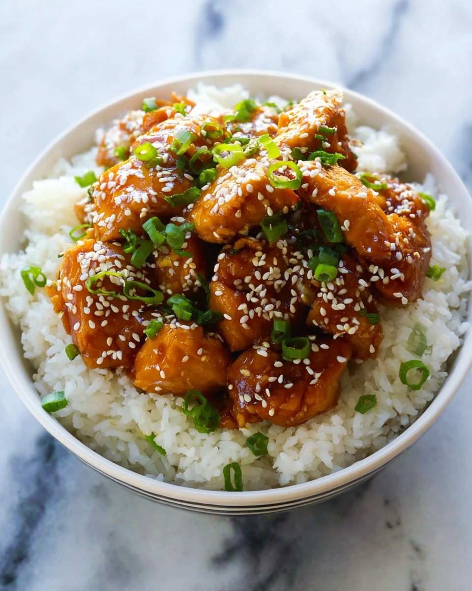 Slow Cooker Teriyaki Chicken Recipe 5 A white bowl filled with a base layer of fluffy white rice, topped with shiny glazed pieces of brown chicken covered in a sticky sauce, sprinkled with white sesame seeds and bright green chopped scallions. The bowl sits on a white marbled surface, with soft natural light highlighting the colors and texture of the food. photo taken with an iphone --ar 4:5 --v 7