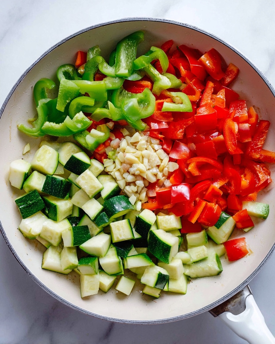 Spicy Cashew Chicken Recipe 4 A white pan filled with three kinds of chopped vegetables: green bell peppers, red bell peppers, and zucchini, all cut into chunky pieces, spread evenly across the pan. In the center is a small pile of chopped garlic pieces, pale and slightly off-white in color, sitting on top of the vegetables. The pan rests on a white marbled surface. photo taken with an iphone --ar 4:5 --v 7
