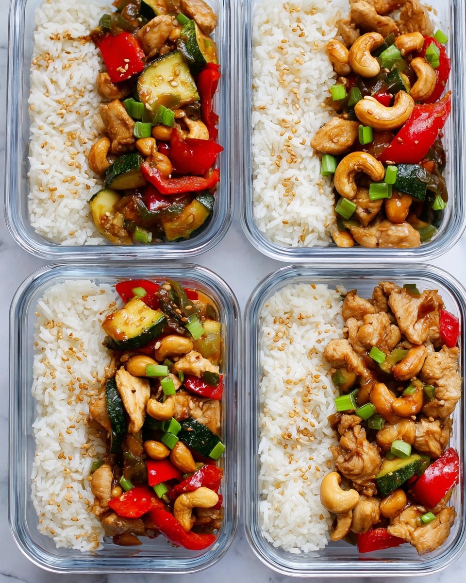 Spicy Cashew Chicken Recipe 5 The image shows four clear glass meal prep containers on a white marbled surface, each divided into two sections. The larger section is filled with cooked white rice with a slightly fluffy texture, having light golden sesame seeds sprinkled on top. The smaller section contains a colorful stir-fry mixture including light brown pieces of chicken, bright red and green bell pepper chunks, dark green zucchini slices, green onion pieces, and whole cashew nuts with a glossy sauce coating everything. The arrangement is neat, with the two sections distinctly separated within each container. Photo taken with an iphone --ar 4:5 --v 7