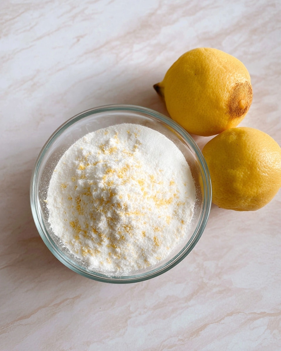 A clear glass bowl filled with a fine, white powder that has small yellow specks mixed throughout, giving it a light, fluffy texture on top. The bowl is placed on a white marbled surface next to two whole yellow lemons with slightly rough skin. Photo taken with an iphone --ar 4:5 --v 7