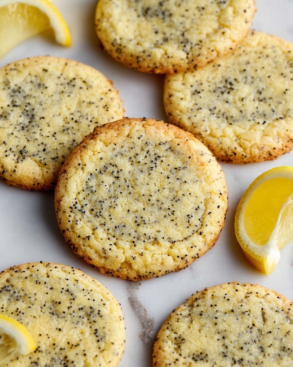 The image shows six round lemon poppy seed cookies with a light golden brown edge, a slightly cracked surface, and small black poppy seeds spread evenly across a pale yellow dough. The cookies are arranged on a white marbled surface, with two lemon wedge slices placed among them, adding a bright yellow contrast. The texture of the cookies is soft and slightly crumbly with a delicate appearance. photo taken with an iphone --ar 4:5 --v 7