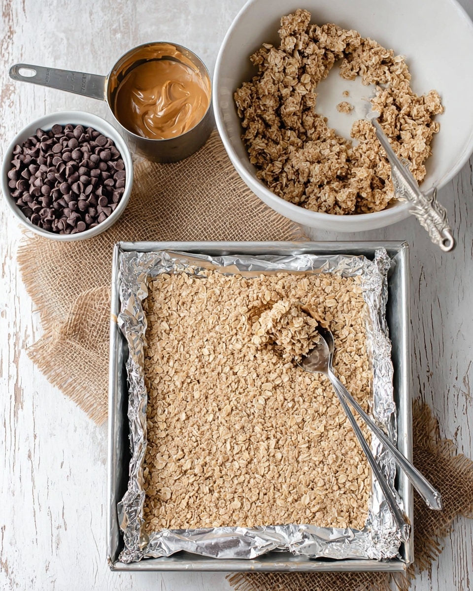 The image shows a square baking tray lined with aluminum foil filled with an even layer of light brown oat mixture pressed flat, with a silver spoon resting on the right side holding some of the mix. Behind and above the tray is a large white bowl with a chunky oatmeal mixture, some milk visible at the bottom. A metal measuring cup filled with creamy peanut butter sits next to the bowl, and a small white bowl filled with dark chocolate chips is on the left side on a piece of burlap. The scene is placed on a white marbled surface. photo taken with an iphone --ar 4:5 --v 7