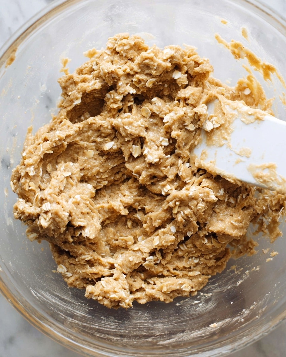 The image shows a close-up view of sticky oat cookie dough inside a clear glass bowl. The dough is light brown with visible pieces of rolled oats throughout, giving it a rough and chunky texture. A white spatula is partially submerged in the dough on the right side, with some dough clinging to it, while the rest of the dough forms uneven, thick layers packed closely together. The background seen through the glass bowl is a white marbled texture. Photo taken with an iphone --ar 4:5 --v 7