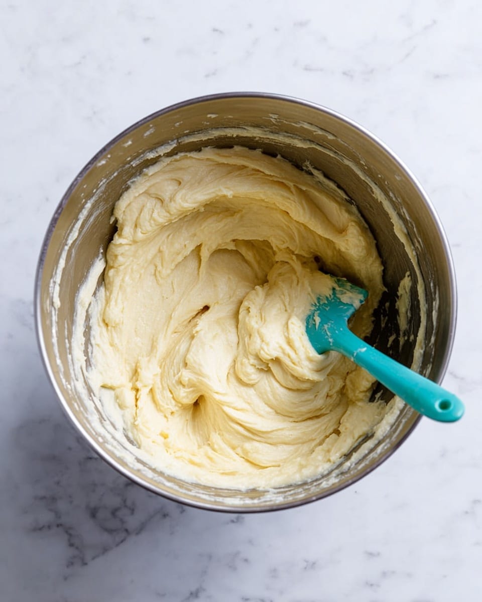 The image shows a large silver mixing bowl on a white marbled surface, filled with a thick, creamy, pale yellow batter with a smooth and slightly lumpy texture. A turquoise spatula rests inside the bowl, with some batter clinging to it, positioned near the top right edge of the bowl. The batter fills about half the bowl, and streaks of batter are visible around the inner sides, giving a sense of recent stirring. Photo taken with an iphone --ar 4:5 --v 7