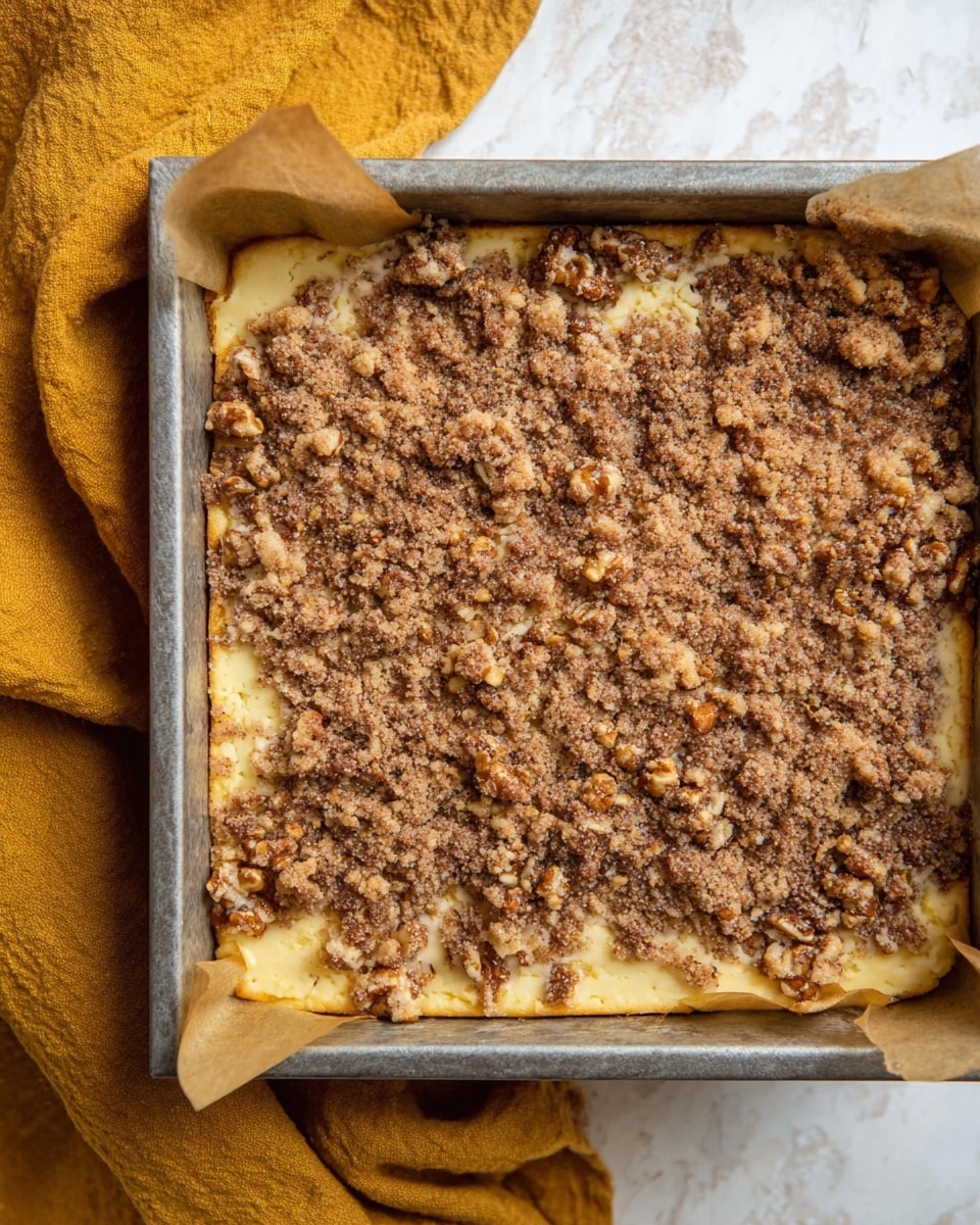The image shows a square metal baking pan lined with parchment paper filled with a dessert that has two clear layers: the bottom layer is a thick, pale yellow cake, and it is topped with a crumbly, uneven layer of brown cinnamon sugar and nuts, giving a rough texture on top. The pan is placed on a mustard yellow fabric on a white marbled surface. photo taken with an iphone --ar 4:5 --v 7