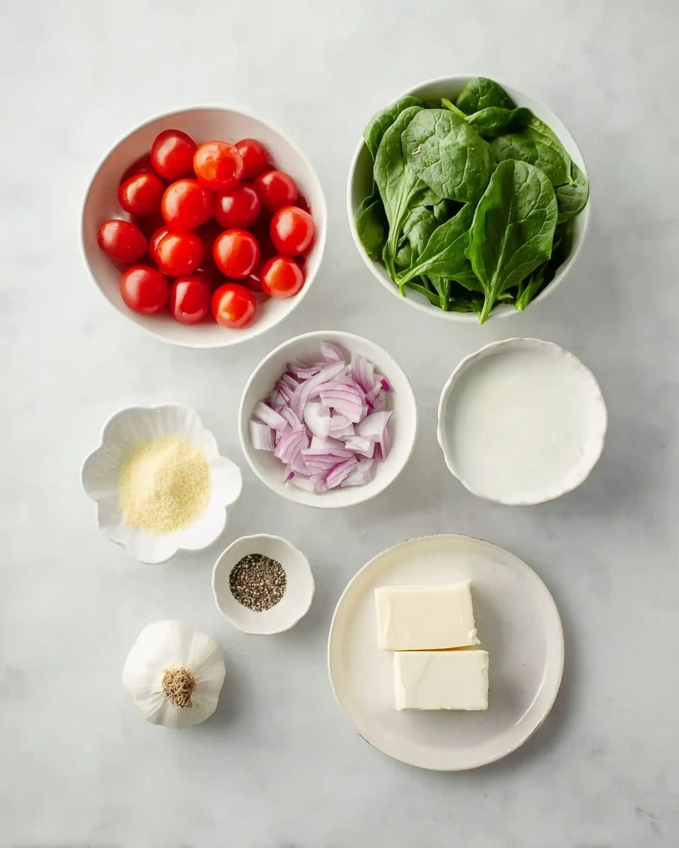 The image shows seven white dishes arranged on a white marbled surface, each containing different cooking ingredients. At the top left, a round white bowl is filled with bright red cherry tomatoes, glossy and plump. To the right, a white bowl holds fresh green spinach leaves layered to show their texture. Below the tomatoes is a white bowl filled with roughly chopped pieces of light purple onion. In the center is a whole white garlic bulb with its papery skin intact. Next to it on the right is a white bowl with a thick, creamy white liquid. Below on the left is a small white scalloped dish filled with pale yellow powdered spice. Next to it is a small dish with coarse white salt and dark cracked pepper. At the bottom right, a round white plate holds two white rectangular blocks of cheese with a smooth texture. Photo taken with an iphone --ar 4:5 --v 7