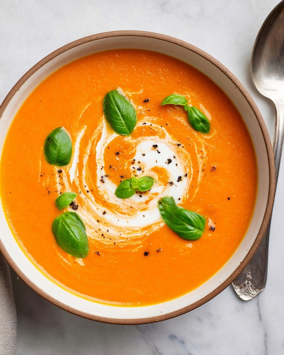 A white bowl filled with smooth, bright orange soup. There is a swirl of white cream on the surface in loose circular shapes. Six small green basil leaves are placed on top of the soup, some close to the cream swirl. Tiny black pepper bits are sprinkled around, adding texture. The bowl sits on a white marbled surface with a glimpse of a silver spoon next to it. Photo taken with an iphone --ar 4:5 --v 7