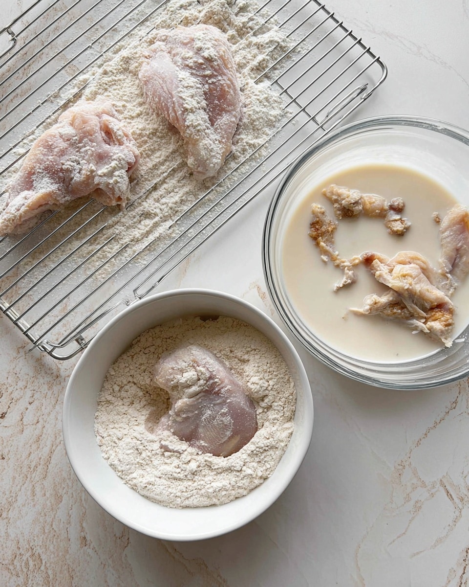 The image shows a cooking setup for breading chicken. There are three main parts: a white round bowl at the bottom filled with light beige flour with a piece of raw chicken partially covered by flour, a clear glass bowl on the right side filled with pale creamy milk mixed with pieces of raw chicken, and a metal rack on the left with two pieces of raw chicken dipped in flour resting on it. The background is a white marbled texture. Photo taken with an iphone --ar 4:5 --v 7