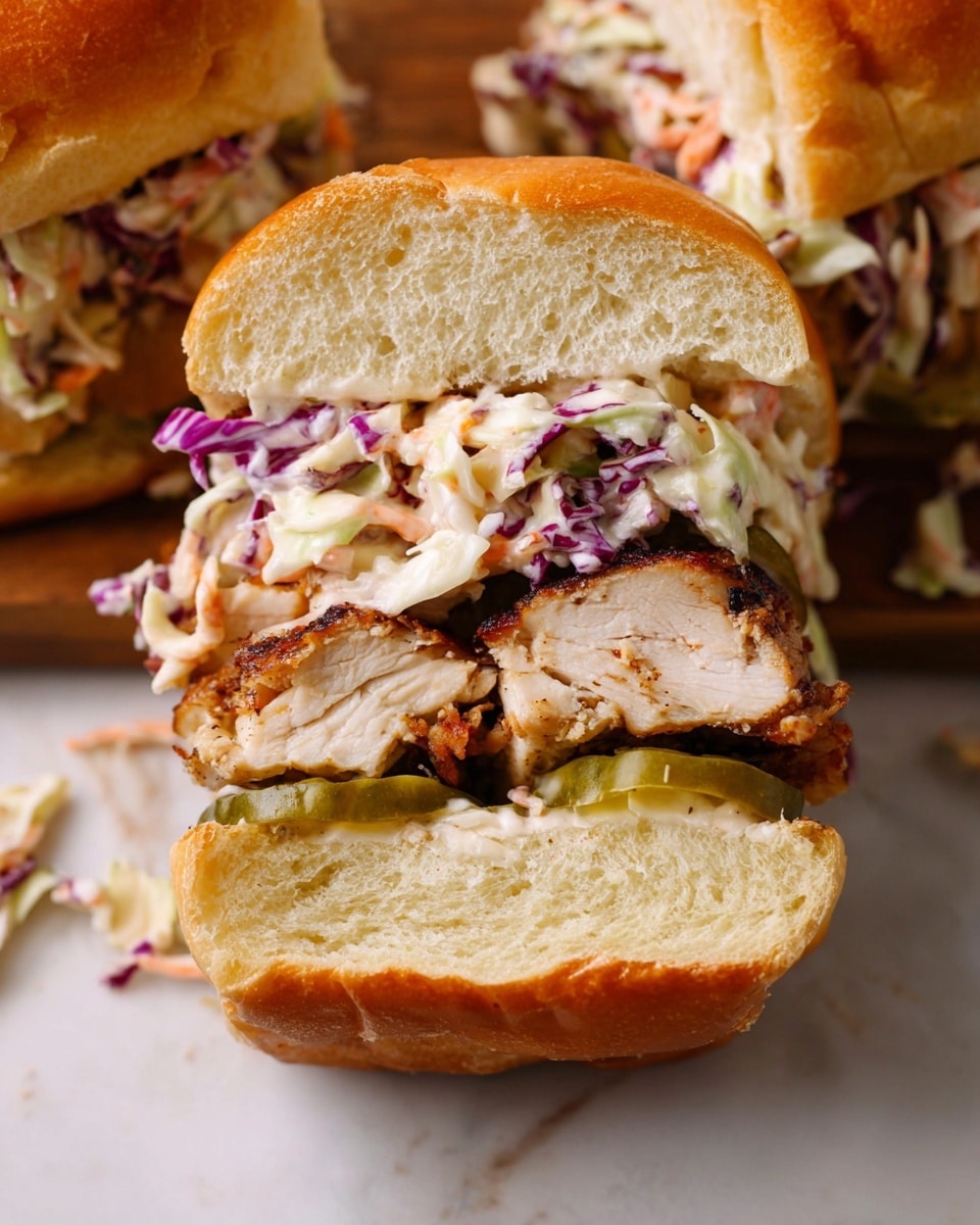 The image shows a close-up of a sandwich cut in half, with two main layers inside. The bottom layer is a thick piece of browned, cooked chicken that looks juicy and tender. Above the chicken, there is a layer of creamy coleslaw with visible shredded purple and white cabbage mixed with some orange carrot bits, giving a fresh and crunchy texture. Below the chicken, there are thin slices of green pickles adding a tangy touch. The sandwich is held together by a soft, golden-brown bun with a fluffy, airy inside. The sandwich halves are placed on a white marbled textured surface with small bits of coleslaw and pickle pieces around them. photo taken with an iphone --ar 4:5 --v 7