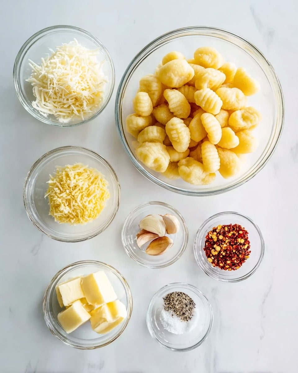 The image shows six clear glass bowls on a white marbled surface, each containing different ingredients for a meal. The largest bowl at the top center is full of light yellow gnocchi with a soft texture. Below it and to the left is a medium bowl filled with white shredded cheese. To its right is a small bowl holding yellow minced garlic. Further right is another small bowl with red chili flakes. At the bottom left is a medium bowl with pale yellow butter chunks, and next to it on the right is a small bowl containing white salt and black pepper mixed together. Photo taken with an iphone --ar 4:5 --v 7