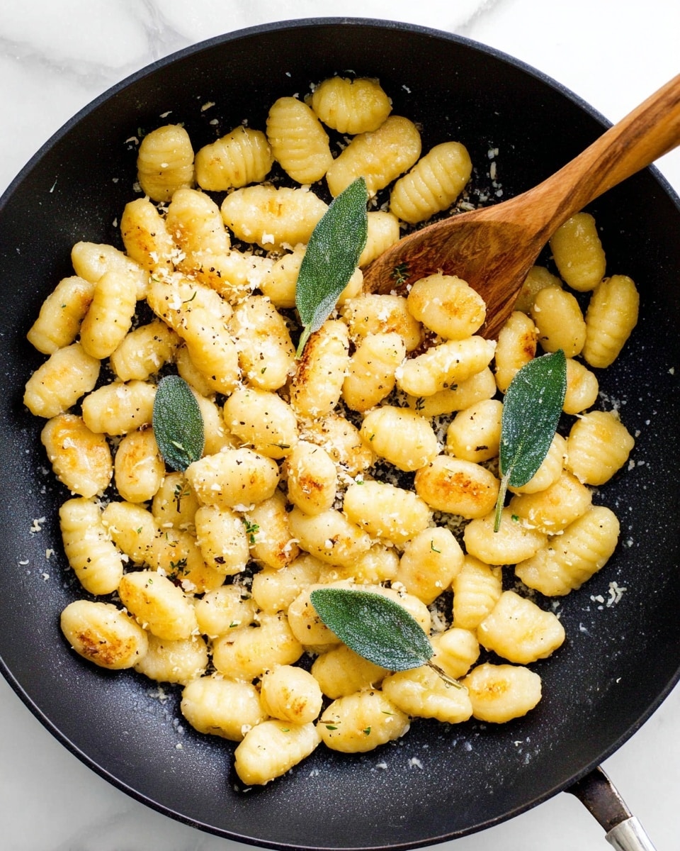 A black pan filled with many small, oval-shaped gnocchi pieces that are light yellow and slightly browned, sprinkled with small white bits of cheese and black pepper. There are three green sage leaves placed evenly around the gnocchi. A wooden spoon with a round head rests inside the pan, partly covered by the gnocchi. The pan is set on a surface with a white marbled texture. Photo taken with an iphone --ar 4:5 --v 7