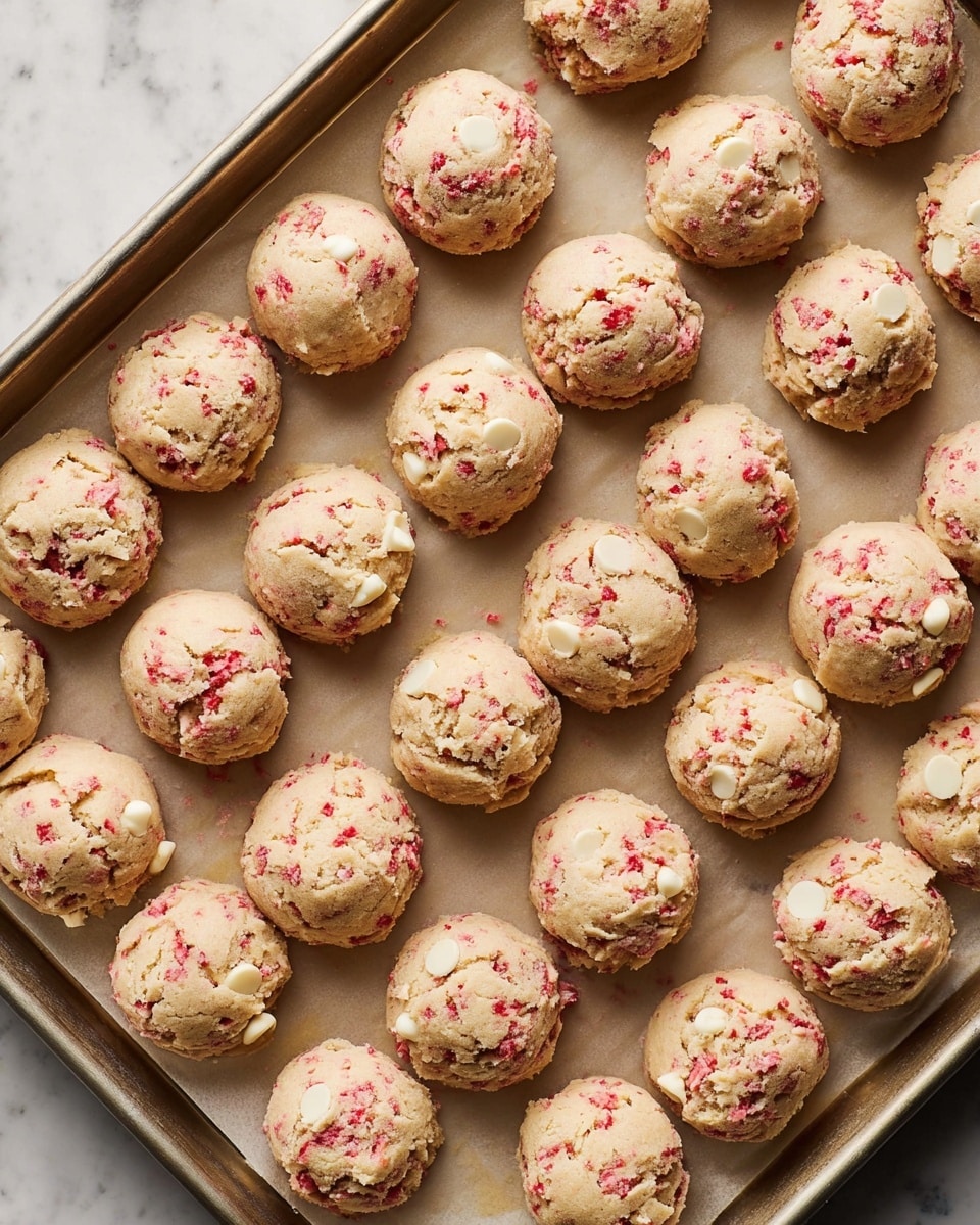 The image shows twenty uniform scoops of cookie dough arranged in a 5 by 4 grid on a parchment-lined metal tray. Each scoop has a light beige base dough with visible small red bits mixed throughout, giving a speckled red pattern. White chocolate chips are scattered inside the dough and occasionally visible on the surface. The texture looks slightly rough and dense. The tray sits on a white marbled texture surface. photo taken with an iphone --ar 4:5 --v 7
