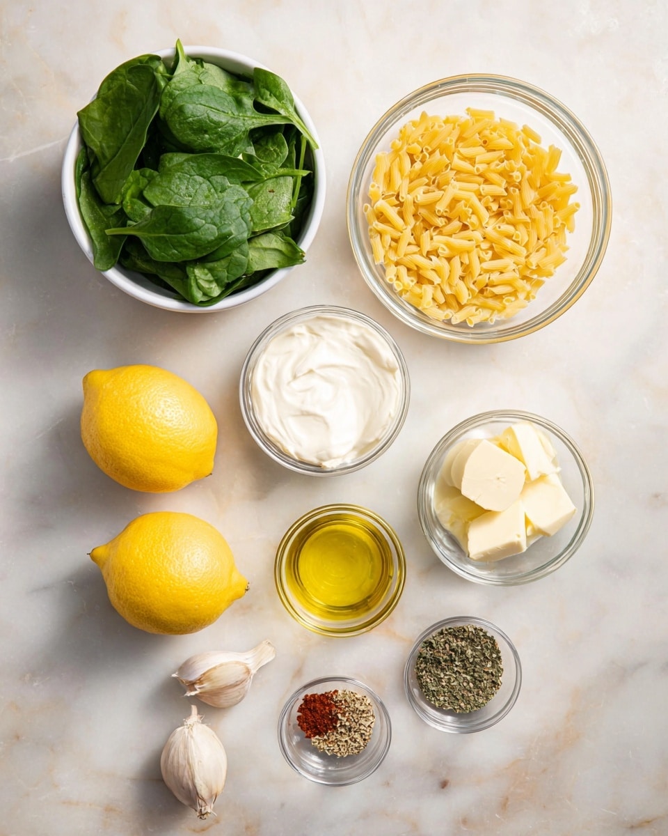 The image shows seven different ingredients arranged neatly on a white marbled surface. In the top left corner, a small white bowl holds fresh, bright green spinach leaves. Below it, a clear glass bowl is filled with small, yellow pasta pieces. To the right of the spinach, there is a larger clear glass bowl with a smooth, white creamy substance. Below this, on the right side, a small clear glass bowl contains light yellow butter pieces. Next to it, another small clear glass bowl holds golden yellow olive oil. Below these bowls, three peeled garlic cloves rest directly on the surface. To the left, two whole bright yellow lemons sit close together. Lastly, a small clear bowl near the lemons contains mixed dried herbs and spices including red flakes, green, white, and black powders. The setup is clean and organized, with soft natural lighting. photo taken with an iphone --ar 4:5 --v 7