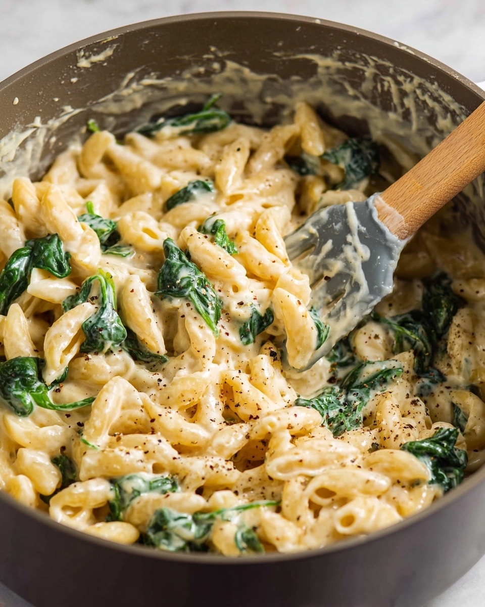 A close-up of creamy pasta dish in a gray pot, showing three main layers: the pale, thick sauce coating the soft, short twisted pasta, fresh bright green spinach leaves mixed in, and black pepper sprinkled over everything. A gray spatula with a light wooden handle is partially submerged on the right side, stirring the pasta. The pot's inside surface shows creamy sauce smears. The background is a white marbled texture. photo taken with an iphone --ar 4:5 --v 7
