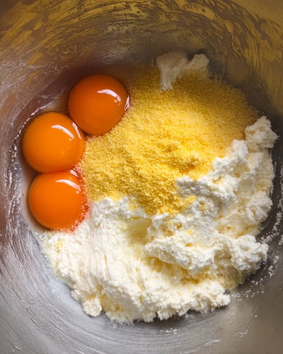 The image shows a metal bowl containing ingredients for baking. Inside, there are three bright orange egg yolks sitting on the left side. Next to them is a yellow grainy layer, likely grated cheese, spread in the upper middle part. The rest of the bowl is filled with a creamy white mixture with a soft, fluffy texture, occupying the main bottom right and center area. The metal bowl has some texture marks inside. Photo taken with an iphone --ar 4:5 --v 7