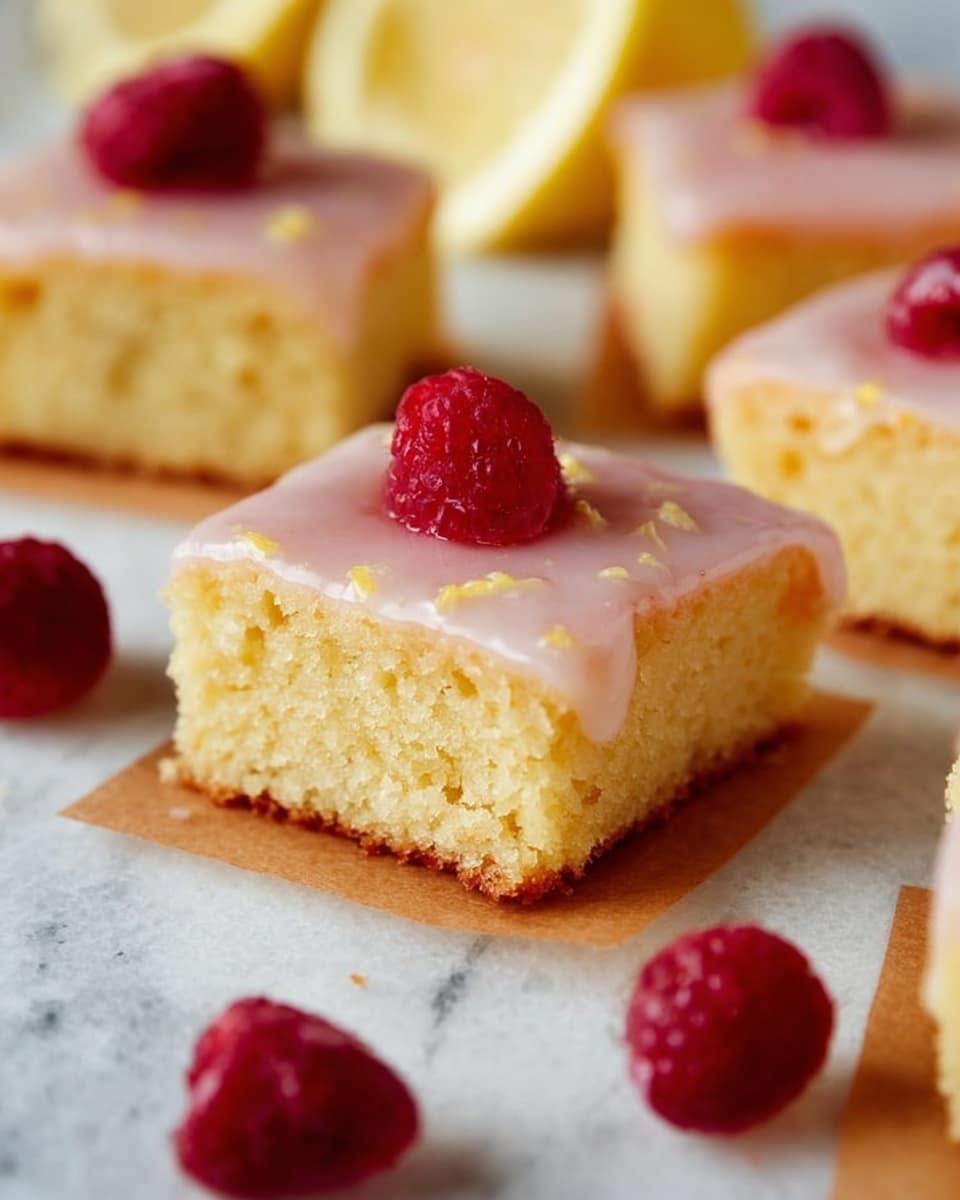 The image shows square pieces of yellow cake with a smooth, light pink glaze layer on top, each topped with a single red raspberry. The cake has a soft, crumbly texture with a slightly browned edge at the bottom. The glaze layer is thin and shiny, with small bits of zest visible. The cakes are placed on small brown parchment paper squares, all set on a white marbled surface. Scattered around the cakes are a few loose raspberries and a blurred lemon wedge in the background. photo taken with an iphone --ar 4:5 --v 7
