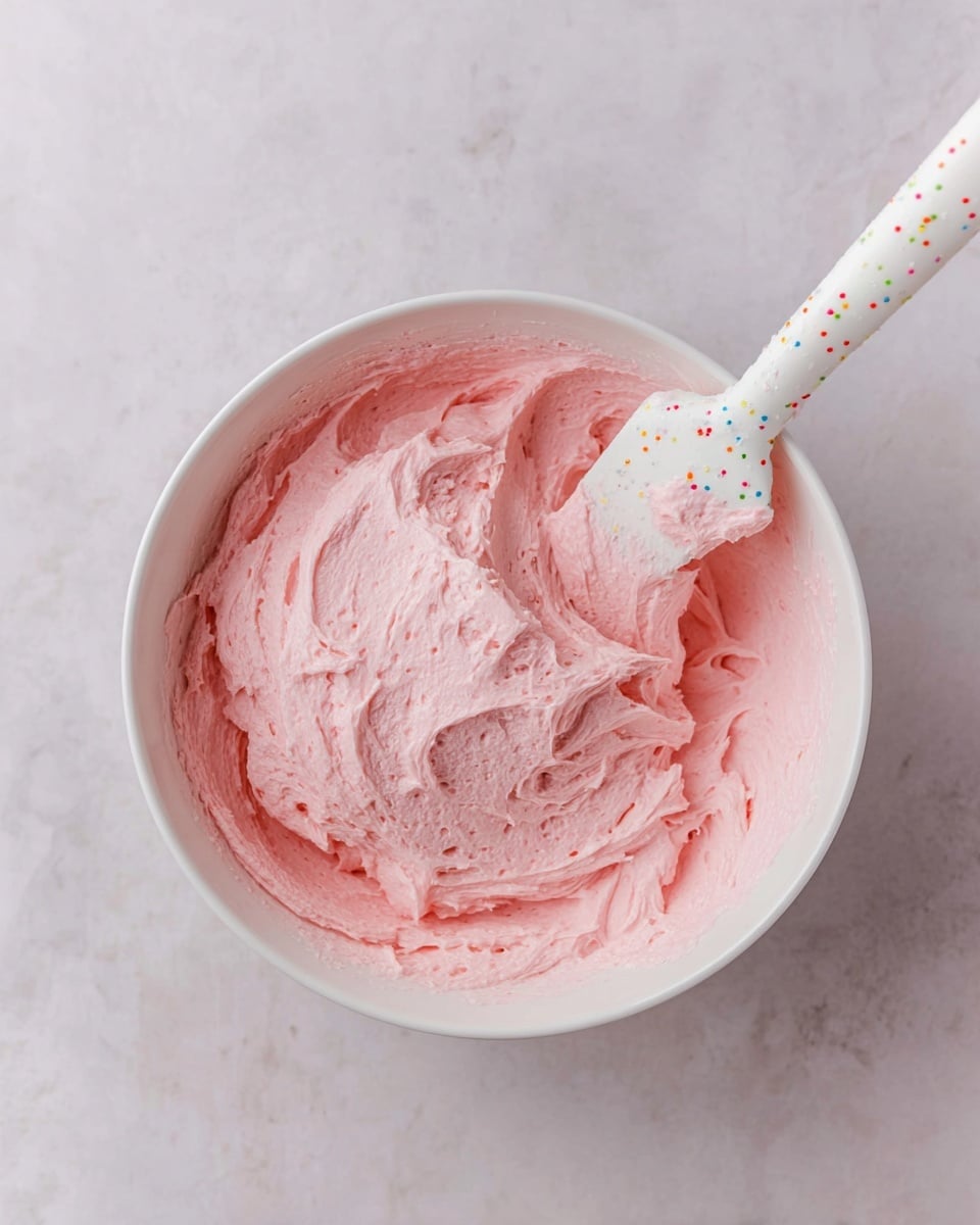A white bowl filled with a thick layer of smooth, fluffy light pink frosting that has a creamy texture with soft peaks and swirls. Inside the bowl, a white spatula with colorful specks is partially covered with the same pink frosting, resting on the right side, blending gently with the frosting. The bowl sits on a white marbled surface providing a clean, bright background. photo taken with an iphone --ar 4:5 --v 7