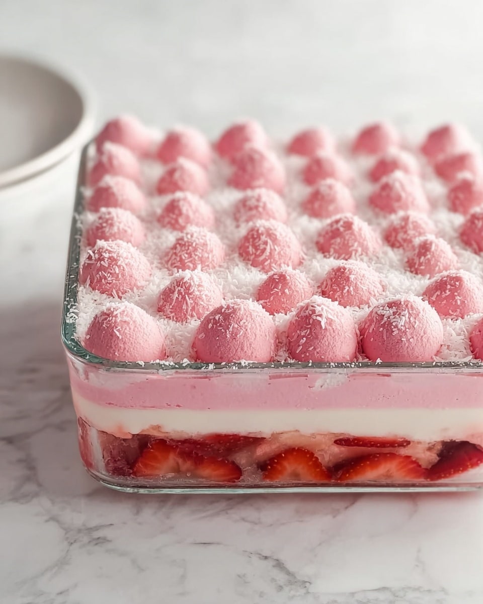 The image shows a square glass dish filled with a pink layered dessert placed on a white marbled surface. The dessert has three main layers visible: the bottom layer consists of whole strawberries in syrup, the middle layer is a smooth pink cream, and the top layer is made up of small, round pink dollops arranged neatly in rows, each dusted lightly with white coconut flakes. The glass dish reveals the vibrant red strawberries with the soft pink cream layers above. Photo taken with an iphone --ar 4:5 --v 7