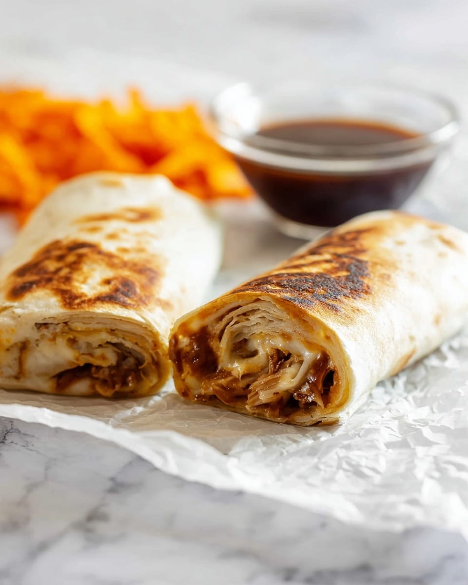 Two halves of a toasted wrap are shown side by side on crumpled white paper over a white marbled surface. Each wrap half has a golden-brown outer layer with slight charring, and inside there are visible layers of melted cheese and a light brown filling, likely meat or vegetables, arranged in a rolled pattern. Behind the wrap, there is a clear glass bowl with a dark sauce inside, slightly out of focus. A small portion of bright orange crispy chips is partially visible next to the wraps. The overall scene is bright with soft natural light, highlighting the textures and colors of the food. photo taken with an iphone --ar 4:5 --v 7