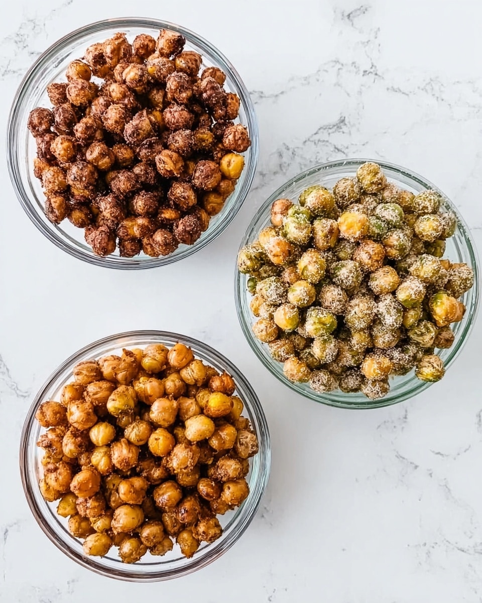 Three clear glass bowls are placed on a white marbled surface, each filled with roasted chickpeas. The top left bowl has chickpeas with a dark reddish-brown color and a rough texture, suggesting a spicy coating. The top right bowl contains chickpeas covered with a light greenish seasoning and a dusting of white powder, giving them a slightly grainy look. The bottom bowl holds chickpeas with a golden-brown color and a smooth, shiny surface. The bowls are arranged in a triangle shape. photo taken with an iphone --ar 4:5 --v 7