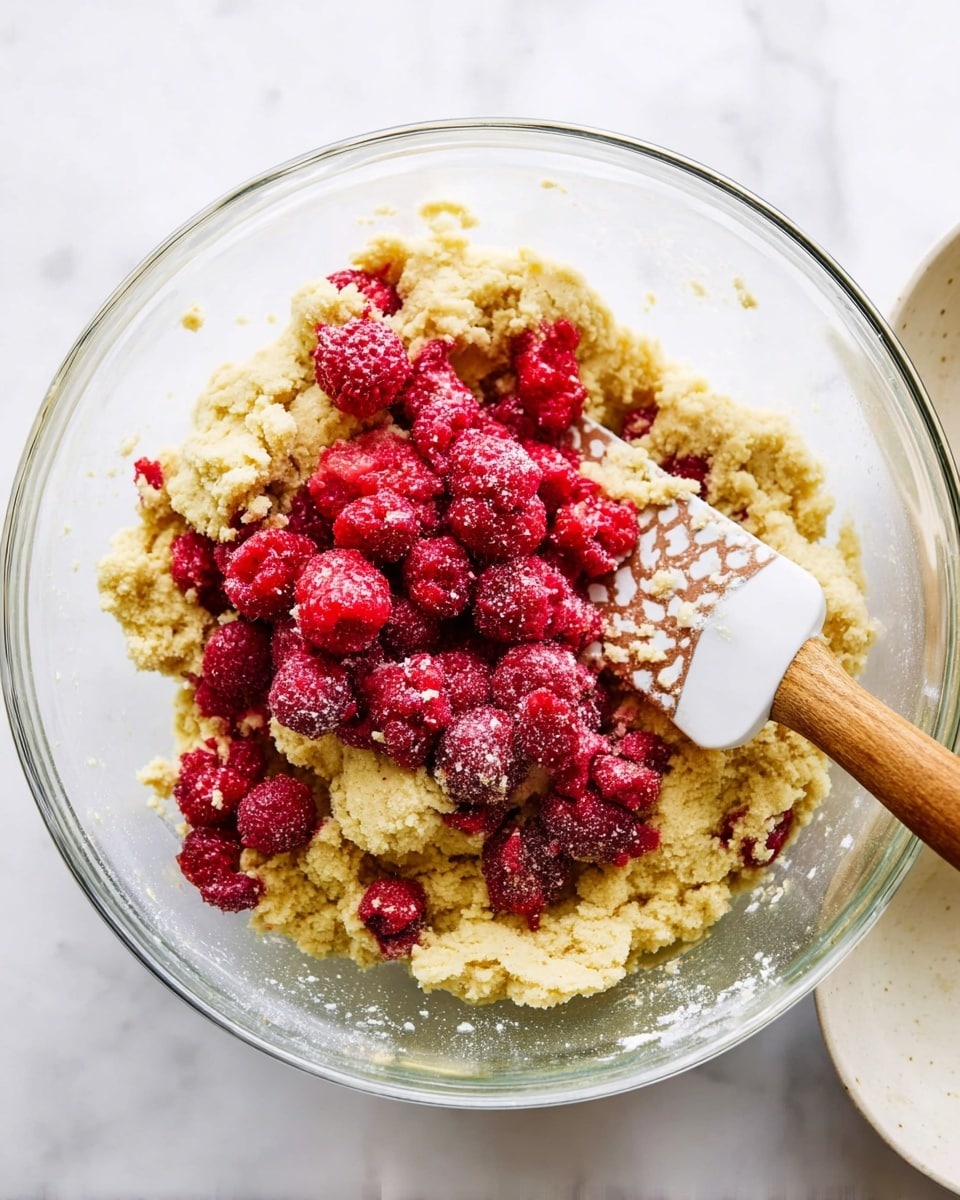 In a clear glass bowl on a white marbled surface, there is a mixture of dough and bright red frozen raspberries. The dough looks thick and crumbly with a pale yellow color, sitting mostly around the sides of the bowl. The frozen raspberries are piled in the center, with some frost visible on them, showing a bright red contrasting with the dough. There is a wooden-handled spatula with a white and brown patterned silicone head resting in the bowl, partly covered with bits of dough and raspberries. To the right, a small white bowl sits on the white marbled surface. photo taken with an iphone --ar 4:5 --v 7