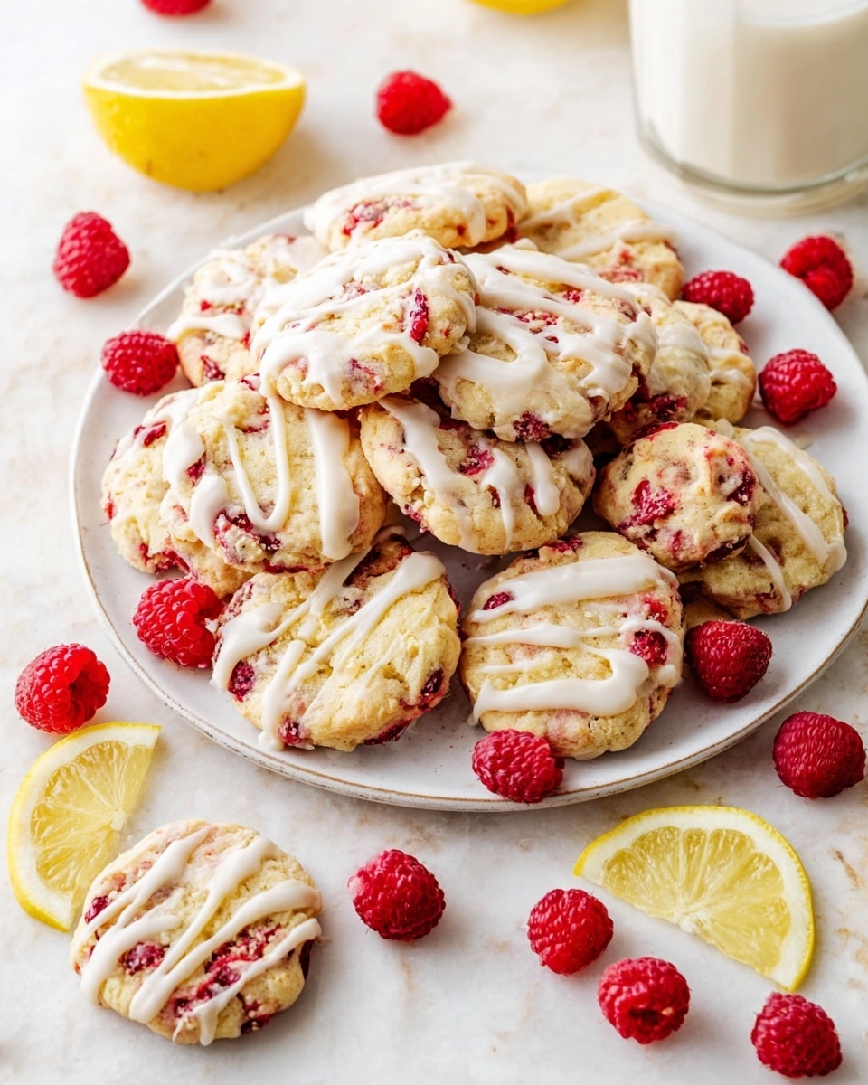A white round plate filled with about fifteen soft cookies that have a light golden color and visible red raspberry bits inside. Each cookie is drizzled with white icing on top, adding a glossy contrast. The cookies are piled in a slight mound in the center of the plate. Around the plate are several fresh raspberries that are bright red and textured, along with lemon wedges with a bright yellow rind and juicy interior, placed on the white marbled surface. Some cookies and raspberries are also casually placed outside the plate on the same white marbled texture. A glass of milk is visible near the top right side of the image. The whole setup has a clean, bright look with soft natural light. photo taken with an iphone --ar 4:5 --v 7