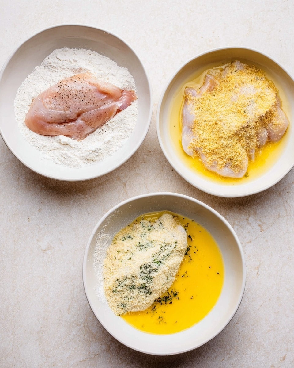 Three white shallow bowls on a white marbled surface hold different stages of breading raw chicken pieces. The top left bowl contains a single raw chicken piece laying on white flour dusted across the bowl with some black pepper on the chicken. The top right bowl holds a chicken piece covered in a yellowish beaten egg wash sitting on light yellow breadcrumb mix with green herb flecks. The bottom center bowl shows a raw chicken piece coated with white flour dunked into bright yellow beaten eggs, with some egg bubbles visible around the edges. Photo taken with an iphone --ar 4:5 --v 7