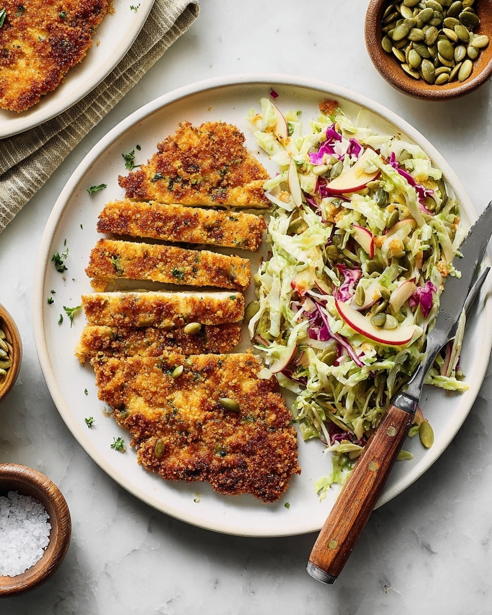 A white round plate on a white marbled surface holds a meal with two main parts: on the left side, there is a golden brown, crispy breaded cut into five even strips, showing a crunchy texture with some herbs sprinkled on top; to the right side, there is a colorful slaw made of shredded green cabbage, purple cabbage, and thin slices of red apple, mixed with light dressing and some pumpkin seeds scattered throughout. A silver fork with a wooden handle is placed on the right edge of the plate, partially resting on the slaw. Around the plate are small bowls, one with more green pumpkin seeds and one with coarse salt, all sitting on the white marbled surface. photo taken with an iphone --ar 4:5 --v 7