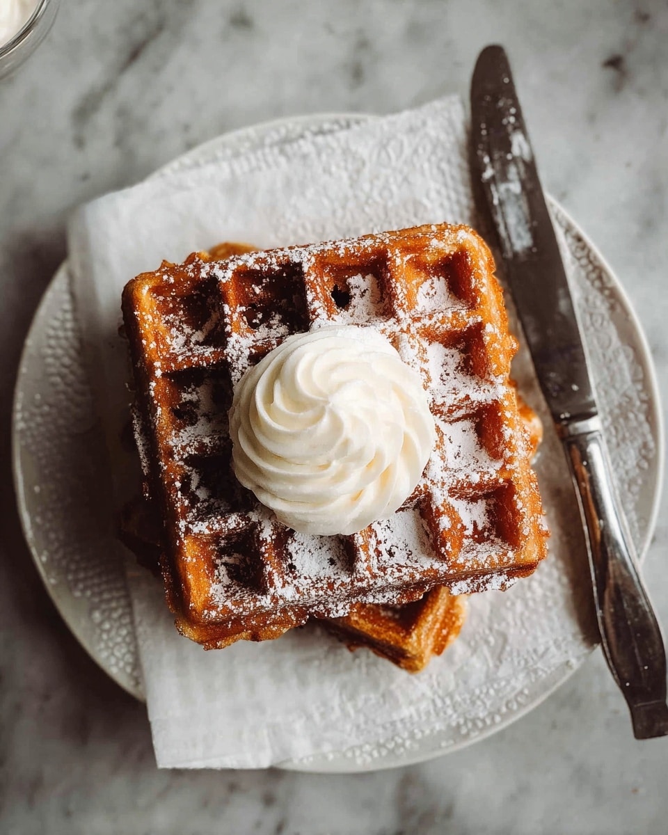 A stack of two square golden-brown waffles sits on a white piece of paper on a white plate with a subtle pattern. The waffles are dusted with powdered sugar and topped with a smooth swirl of light cream in the center. A silver fork and knife rest on the right side of the plate, placed on the white marbled surface. Photo taken with an iphone --ar 4:5 --v 7