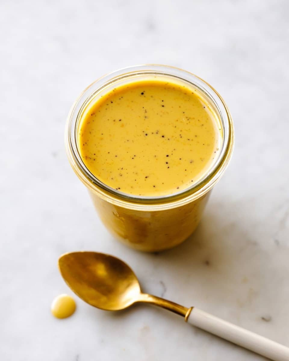 A round glass jar filled with smooth, golden-yellow sauce that has tiny black specks scattered throughout, sitting on a white marbled surface. Next to the jar is a gold spoon with a white handle, lying flat with a small drop of the sauce on the surface near the spoon’s bowl. The image is bright and clear, with the sauce looking thick and creamy. photo taken with an iphone --ar 4:5 --v 7