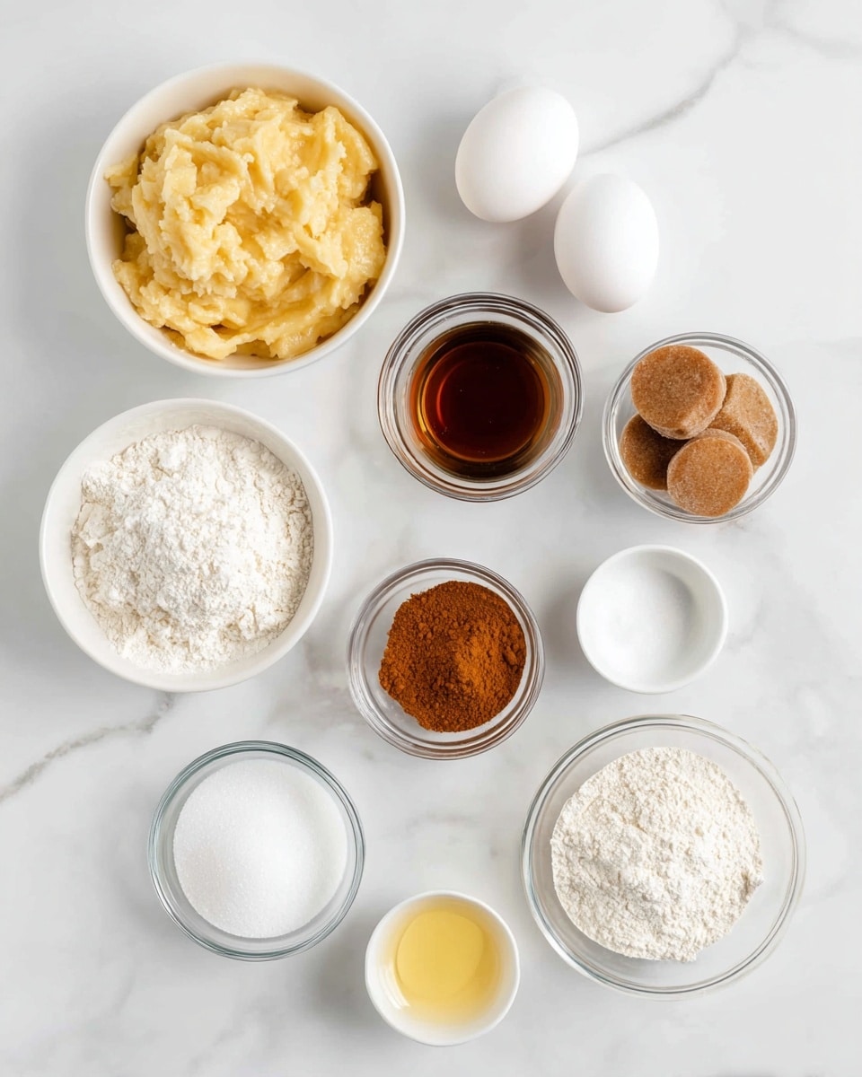 A top view shows nine small bowls arranged loosely on a white marbled surface. Starting from the top left, a white bowl holds mashed bananas with a soft, slightly chunky texture and light yellow color. To the right, a white bowl contains two smooth white eggs. Below the eggs, there is a small glass bowl with a dark brown, shiny liquid vanilla extract. To the right of that is a small glass bowl holding three round pieces of brown sugar. In the center bottom, a white bowl is filled with fine white granulated sugar. Left of the sugar, a white bowl filled with white flour shows a loose powdery texture. Below that, a small glass bowl holds smooth, reddish-brown cinnamon powder. At the bottom right, a small glass bowl contains white baking soda powder. Finally, at the bottom center, a white bowl contains melted butter with a shiny yellow surface. The overall setting is clean and bright, emphasizing the colors and textures of each ingredient. Photo taken with an iphone --ar 4:5 --v 7