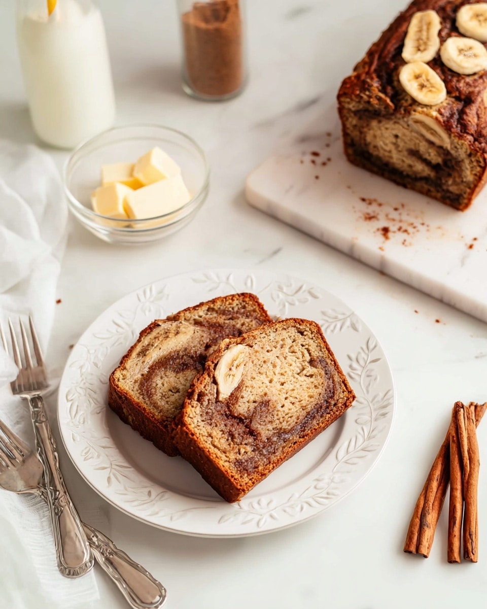 Two slices of banana cinnamon bread with visible swirls of cinnamon and soft golden brown texture are placed side by side on a white plate with a subtle embossed leaf pattern. To the top right, a larger piece of the same bread with a darker brown crust and banana slices on top rests on a white marbled cutting board with a few crumbs. On the white marbled surface, two silver forks lie crossed to the left of the plate near a small glass bowl with three chunks of butter. A glass bottle with a white and yellow striped straw and a shaker filled with cinnamon are placed in the upper left corner. Three cinnamon sticks are arranged near the bottom right corner on the white marbled surface. The lighting is soft and natural, highlighting the textures and warm tones of the bread photo taken with an iphone --ar 4:5 --v 7