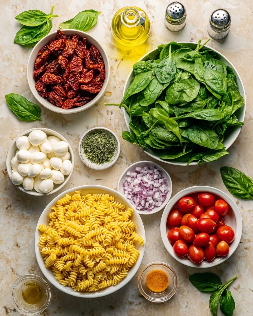 The image shows bowls of ingredients arranged on a white marbled surface. There is a large white bowl filled with fresh, dark green spinach leaves near the top right. Below it, a white bowl is filled with bright yellow, spiral-shaped pasta. To the left of the spinach, a white bowl contains deep red sun-dried tomatoes with a rough, dry texture. Below the sun-dried tomatoes, a bowl holds small, smooth white mozzarella balls. To the right of the mozzarella, there is a bowl of finely chopped purple and white onions. Near the bottom right, a white bowl has halved red cherry tomatoes with shiny, juicy interiors. There are also small dishes of green dried herbs, grated pale yellow cheese, minced garlic, a dark liquid, and an orange-brown sauce. A clear glass bottle of yellow olive oil sits near the top center, surrounded by fresh green basil leaves. Salt and pepper shakers are placed near the right edge. The setup looks ready for making a fresh pasta dish. photo taken with an iphone --ar 4:5 --v 7