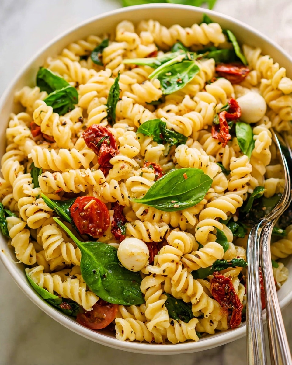 A white bowl holds a pasta salad made of short, thick spiral pasta in a light yellow color. Mixed in are bright green spinach leaves and fresh basil leaves on top for garnish, small round red cherry tomato halves, thin sun-dried tomato strips in a deep red, and small white mozzarella balls with a smooth texture. The pasta and ingredients are lightly coated with a glossy seasoning, with small black herbs sprinkled around. Two silver forks rest inside the bowl on the right side. The bowl sits on a white marbled surface. photo taken with an iphone --ar 4:5 --v 7