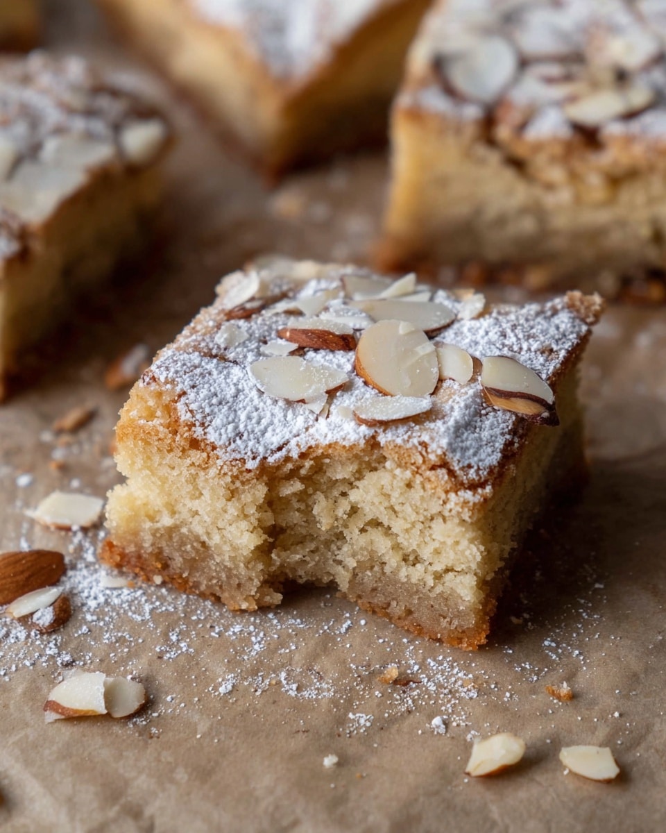 A square piece of light brown cake with a soft, crumbly texture is shown with one side bitten off. The cake has two visible layers: a dense bottom layer and a slightly lighter, airy top layer. The top is sprinkled with thin, toasted almond slices and dusted with white powdered sugar. The cake rests on a light brown parchment paper that has scattered almond slices and crumbs around it. The background is blurred, showing more pieces of the same cake. photo taken with an iphone --ar 4:5 --v 7
