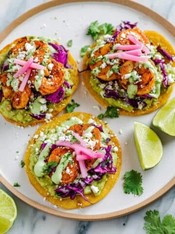 Shrimp Tostadas with Creamy Avocado and Fresh Toppings Recipe