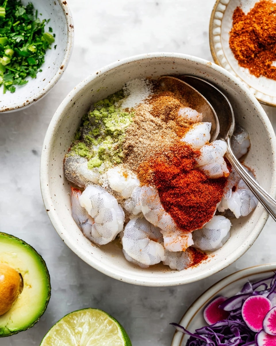 A close-up of a white bowl filled with raw shrimp as the base layer, pale gray in color. On top, there are layers of red chili powder, light brown ground spice, white salt, and bright green lime zest, all sitting in the center. A silver spoon is placed inside the bowl, leaning on the side. Around the bowl on a white marbled surface, there is a smaller bowl with green chopped herbs to the upper left, half an avocado with a seed visible on a white plate at the bottom left, and scattered purple and pink vegetables on the right side. Photo taken with an iphone --ar 4:5 --v 7