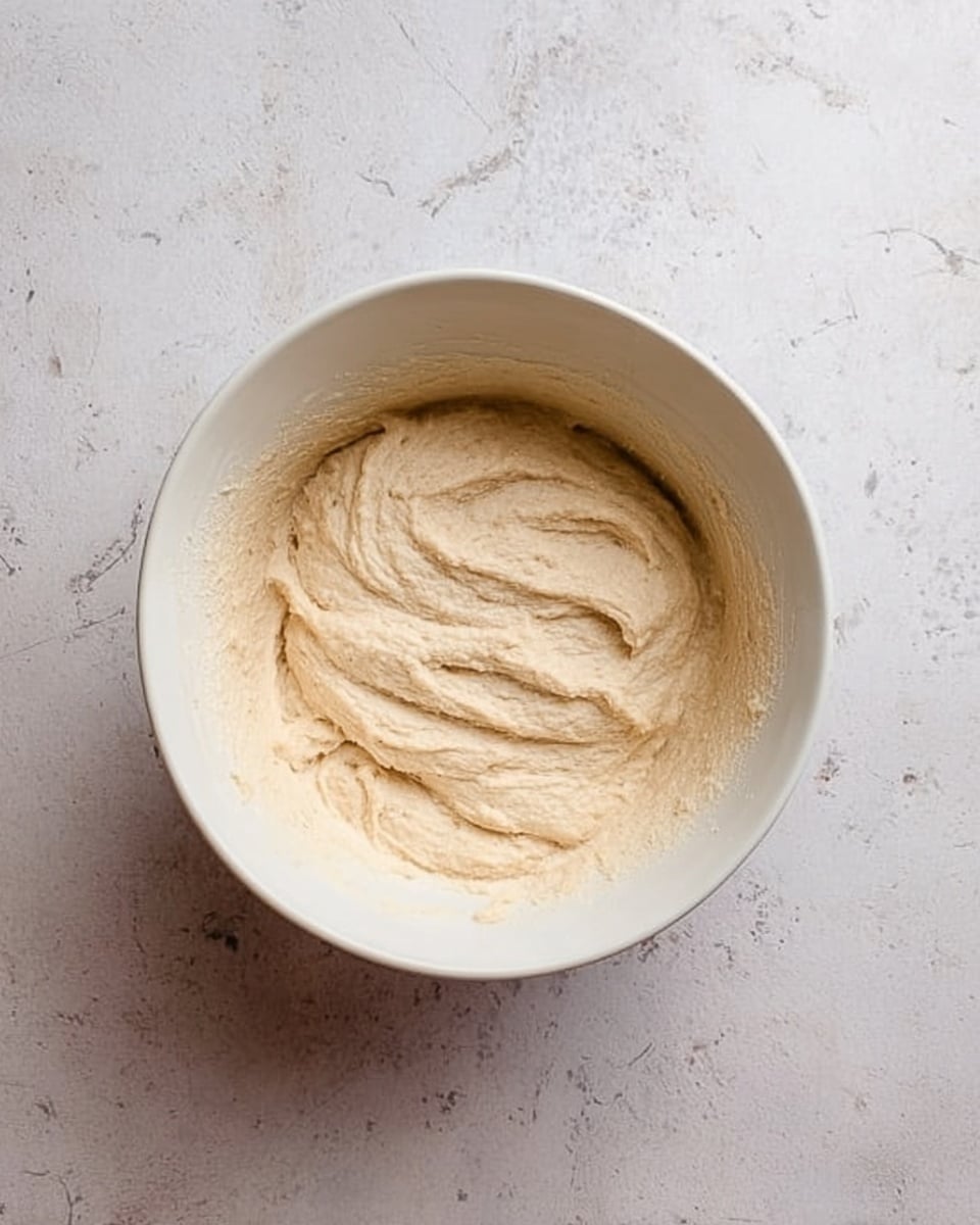 A white bowl is filled with a soft beige dough that has a smooth and slightly textured surface with some swirls made by stirring. The bowl sits on a white marbled surface with faint gray veins and some light shadow around the bowl. The dough fills most of the bowl and shows gentle ridges inside, suggesting it was just mixed or kneaded. No other objects or colors are in the frame. Photo taken with an iphone --ar 4:5 --v 7