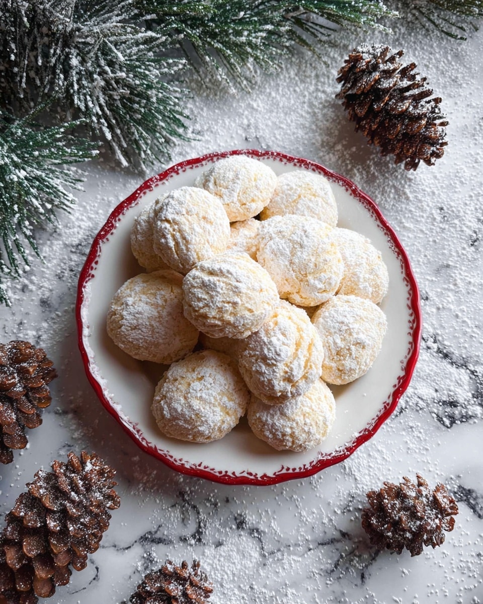 A white plate with a red rim holds a pile of round, light yellow cookies covered evenly with powdered sugar. Around the plate, there are several brown pinecones dusted with powdered sugar, lying on a white marbled surface also sprinkled with powdered sugar. In the top left corner, green pine branches with brown pinecones add a festive touch. The overall look is soft and snowy, creating a cozy winter feeling. photo taken with an iphone --ar 4:5 --v 7